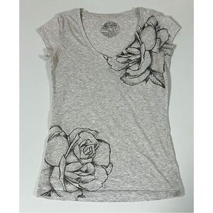 Stranded Gray Floral Graphic V-Neck Y2K Short Sleeve T-Shirt Top Tee Size M 🩶